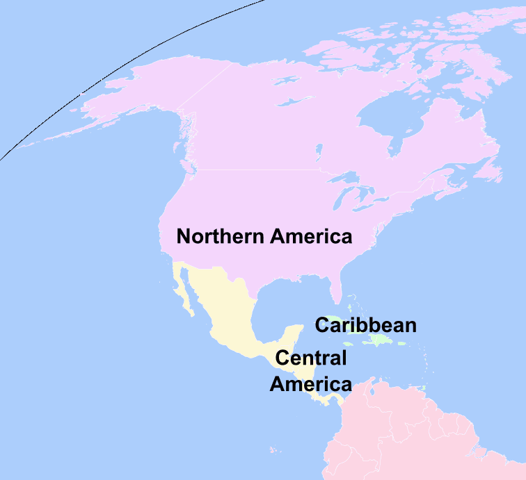世界の地域区分の地図『北米・カリブ・中央アメリカ』
