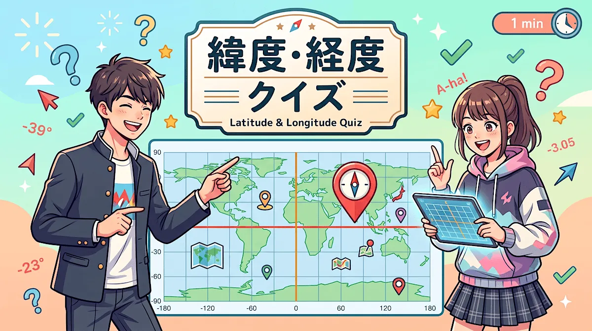 緯度経度クイズ - 世界地図の方眼で緯度・経度を学ぶ地理ゲーム