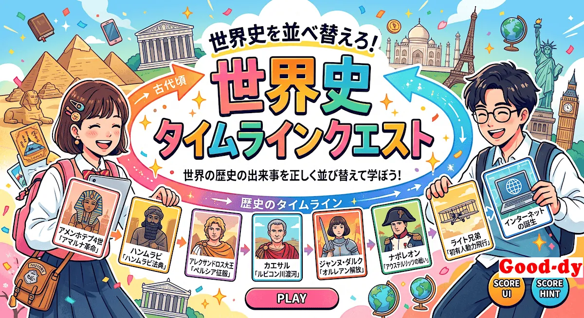 世界史タイムライン - 時代や出来事を年代順に並べる社会(世界史)の学習ゲーム