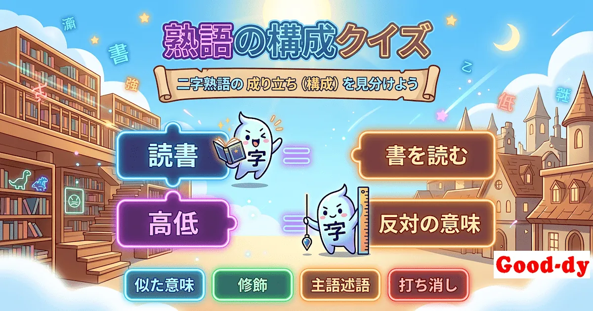 熟語の構成クイズ - 二字熟語の成り立ち（構成）を四択で見分ける国語ゲーム